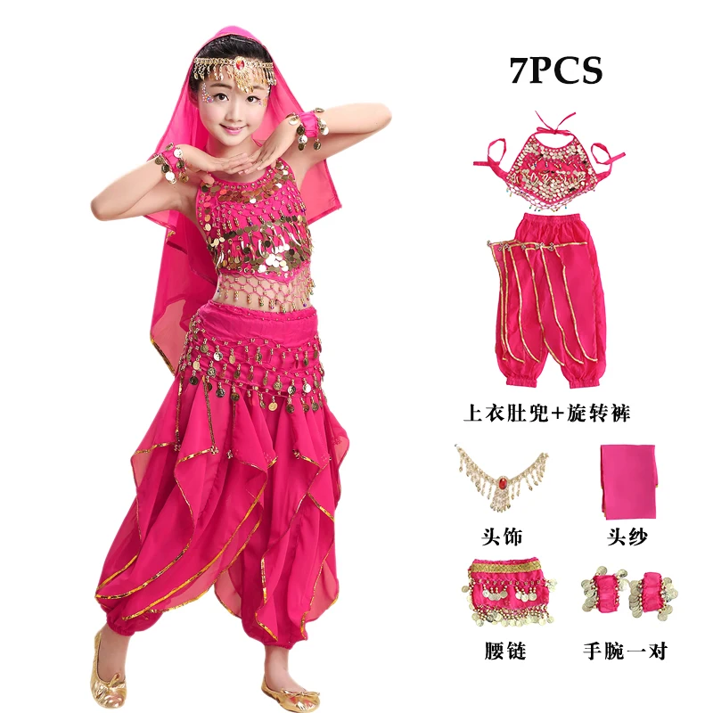 as picture 7pcs Детские костюмы для танца живота для девочек, детские костюмы для танцев Болливуда, индийские ювелирные изделия, Одежда для танцев, комплект одежды из 4 предметов Dqs2579 - Цвет: as picture 7pcs