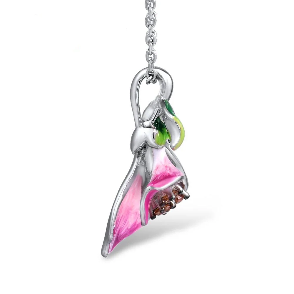 925 Sterling Silver Necklace for Women ELegant Pink Enamel Morning Glory Flower Charm Pendant Necklace Zircon Vintage Jewelry