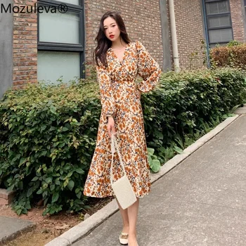 

2020 New Spring summer Women Floral Print Boho Dress Long Sleeve V Neck Dress Party Beach Holiday Club long Dress Sundress