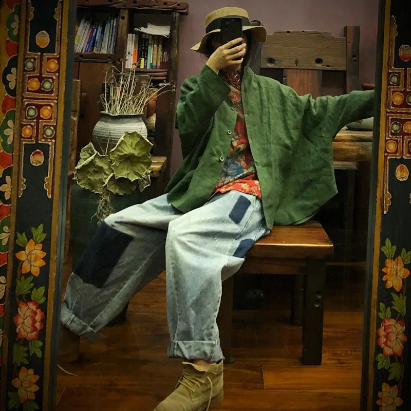 luo gu ni Origional Autumn Shirt Collar Linen Coat Have Lining 1565