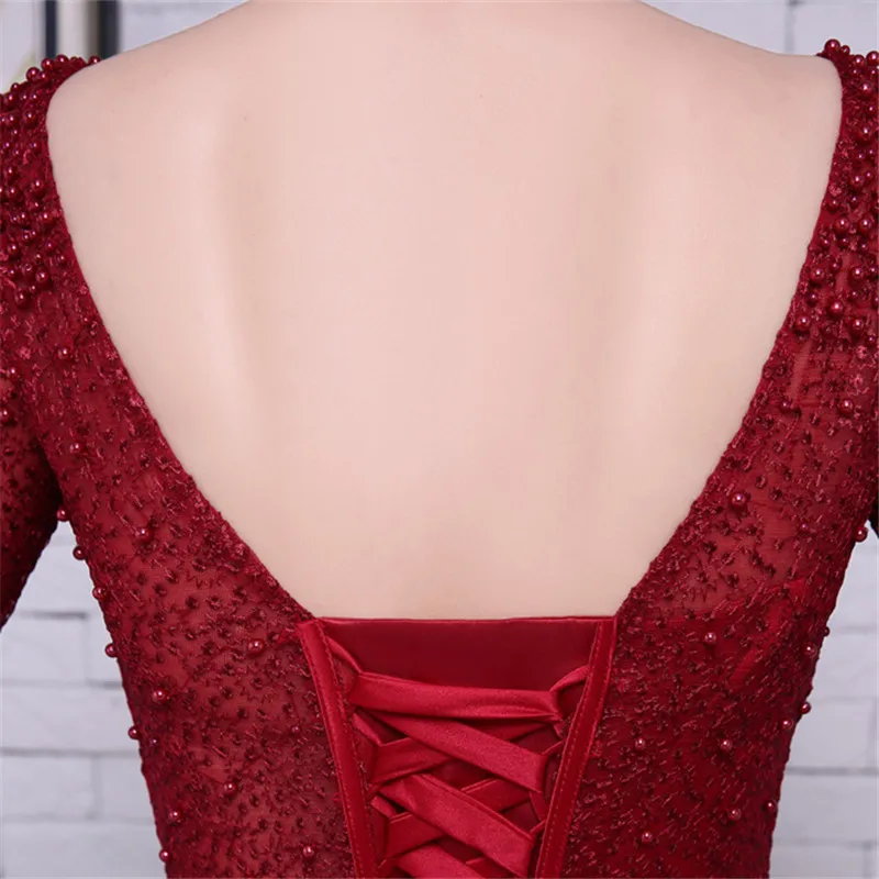 Online Es der YiiYa Red Long Sleeves Perlen Backless Tüll Blume Spitze Up Luxus Party Formale Kleid Bodenlangen Abendkleider LX062