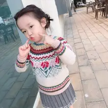 baby girls clothes rainbow Christmas style European&American style rose pattern knitted sweater children's retro pullover tops