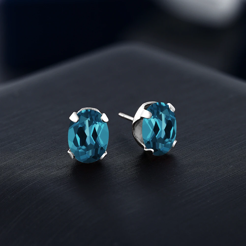 GemStoneKing 1,10 Ct 6X4 Овальный Форма Природные Лондон топаз Драгоценный Камень Стад Серьги 925 пробы серебряные ювелирные изделия для Для женщин
