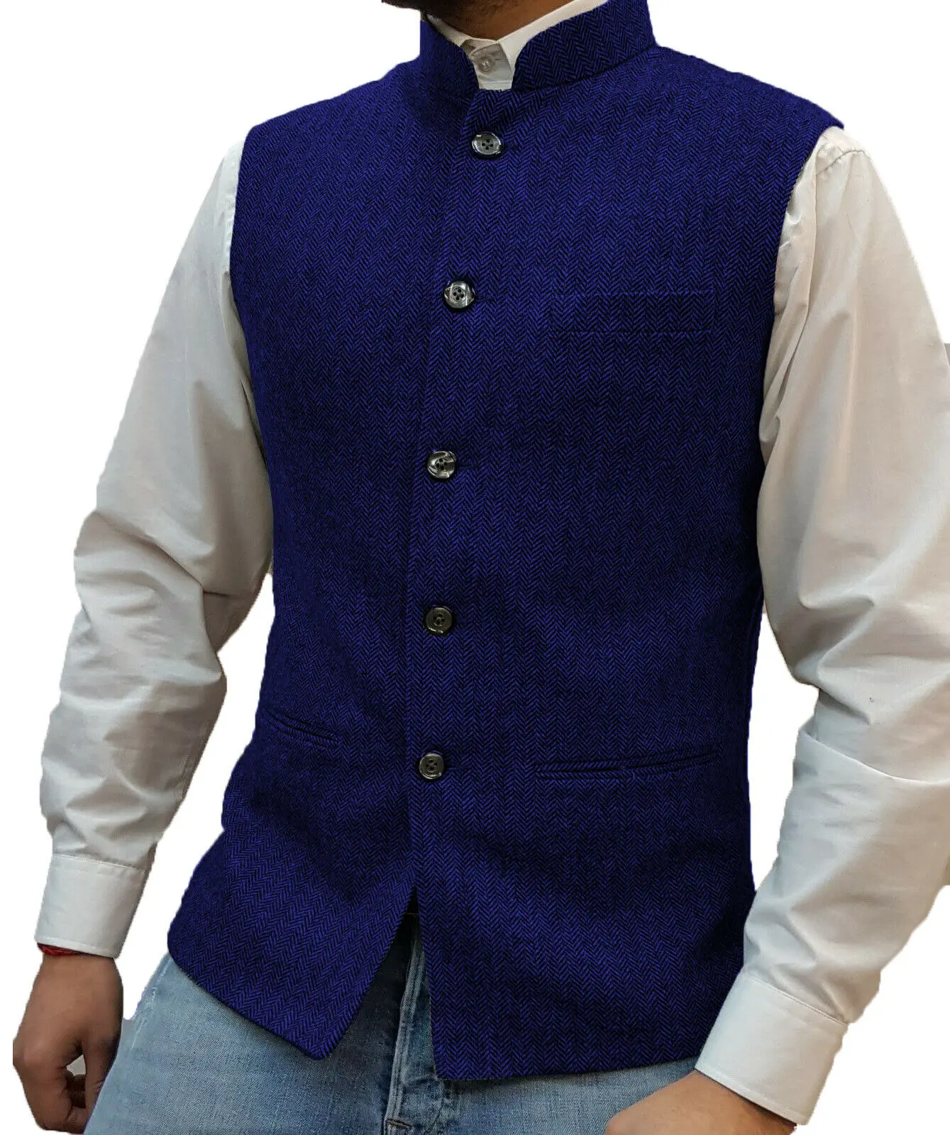 Men's Vest Stand-up Collar Herringbone Suit Vest Steampunk Style Wedding Groom Waistcoat 6