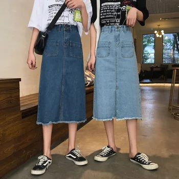 

Slim High Waist Midi Jean Side Slit Skirt Women A-line Loose Streetwear Skirts Female Pockets Denim Skirts 2020 Autumn summer