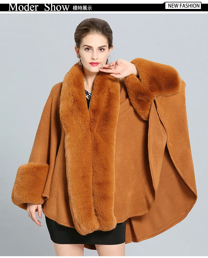 Модное благородное пальто с широким кроличьим мехом Рекс, рукав «летучая мышь», вязанное кашемировое хорошее пальто из искусственного меха, женские зимние вечерние накидки