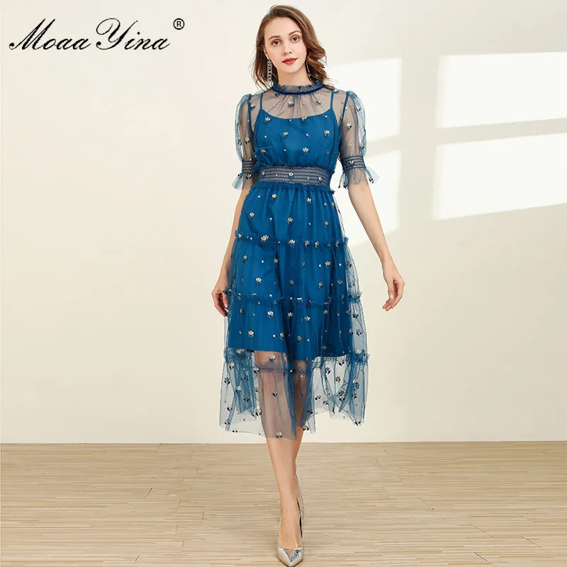 MoaaYina Fashion Designer dress Spring Summer Women's Dress Puff sleeve Mesh Pmbroidery Party Elegant Blue Dresses
