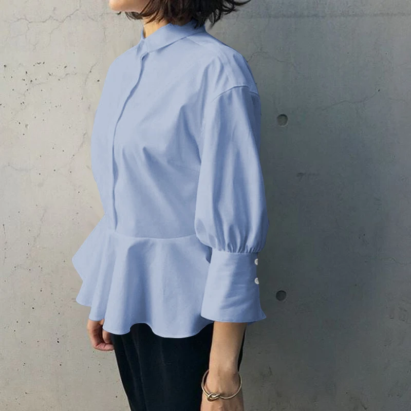 Women Tops and Blouse Celmia Stylish Lapel 3/4 Sleeve Casual Loose Ruffles Tunic Shirts Solid Office Party Blusas Femininas