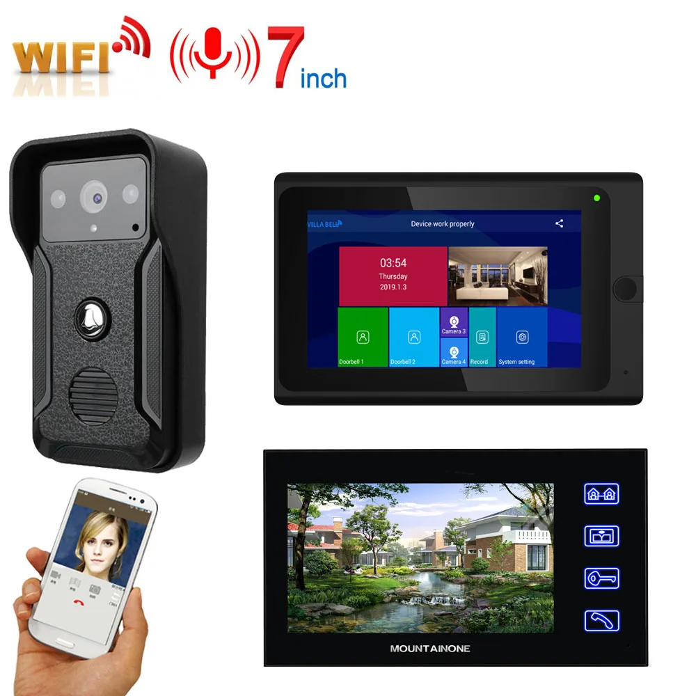 7 inch Touch 2 Monitors Wireless Wifi Record Video Door Phone Doorbell Intercom System with HD 1000TVL Wired Camera