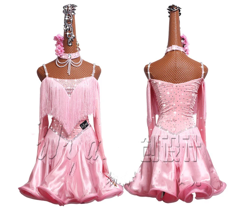 Конкурс латиноамериканских танцев платье для выступлений, Латинская юбка для танцев розовый меховой воротник плечами юбка с бахромой # LD0074