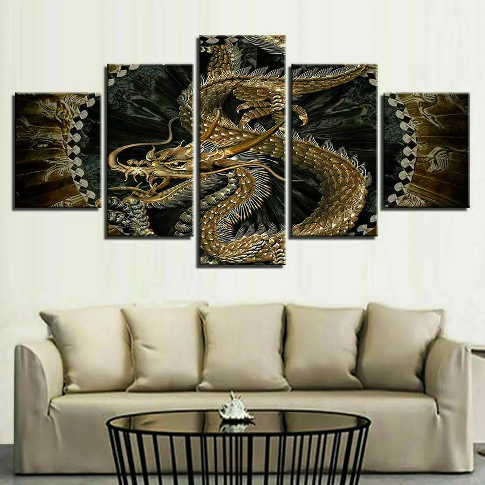 

No Framed Canvas 5Pcs Gold Chinese Dragon Wall Art Posters For Living Room Prints Pictures Paintings Home Decor Decorations