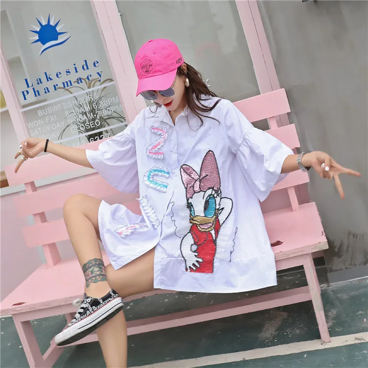 Marca nueva industria pesada lentejuelas donald duck mangas acampanadas camisa suelta camisa mujer verano