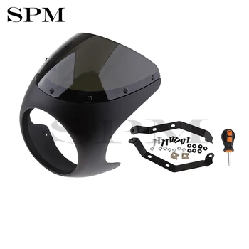 

Motorcycle Front Headlight Fairing Screen Retro Cafe Racer Style Universal Windshield Fit 7 Inch Head Light, Black & Smoke