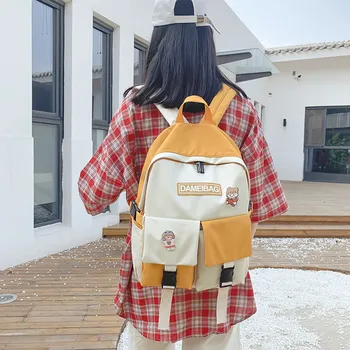 

New Panelled Waterproof nylon Women backpack Female eye-splice schoolbag for Teenage girls Double front pocket Mochilas