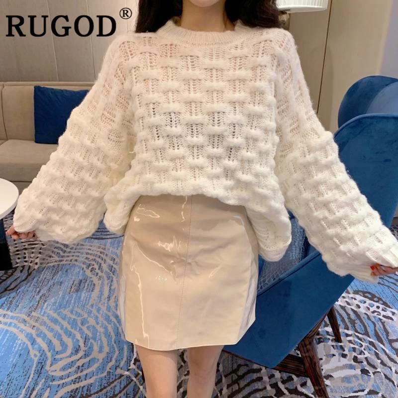 RUGOD Elegang вязаный свитер woemn винтажный круглый вырез длинный рукав белый пуловеры женские корейский шик auturm полые свитера