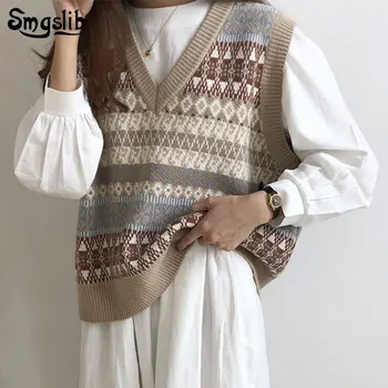 

2020 fashion Autumn Winter Women sweaters V-neck elegant loose vintage Sleeveless Geometric simple casual soft tops Pullovers