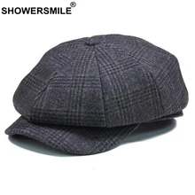 SHOWERSMILE Brand tartán Newsboy Cap hombres Vintage lana Octagonal Cap masculino cálido invierno pintor sombrero gris estilo británico gorras y sombreros
