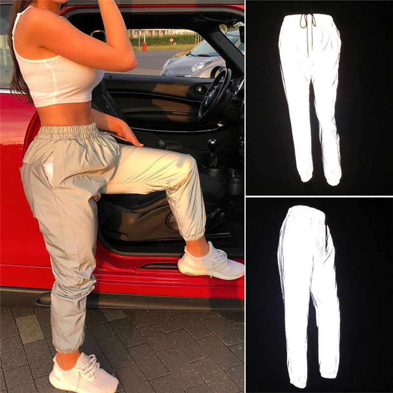 

Women Girls Hip Hop Reflective Dance Pants Boy Sports Harlan Leggings 2019 Autumn New Reflective Nine Points Feet Pants Women