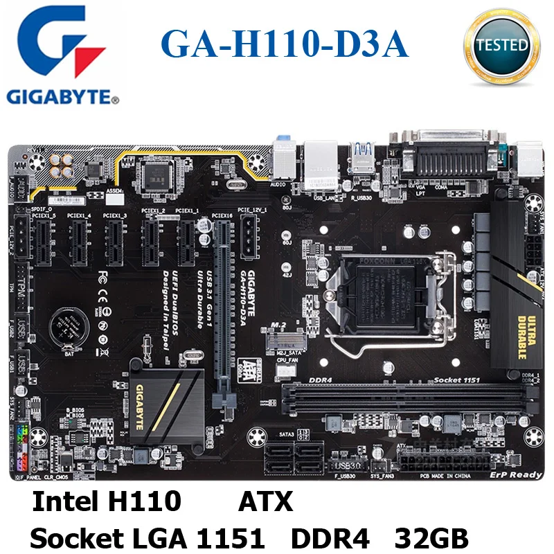 Материнская плата LGA 1151 оригинальная материнская DDR4 Gigabyte USB3.1 USB2.0 32 ГБ для