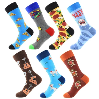 

New Funny Men Socks Spring Colorful Cartoon Cheese Shark Guitar Cube Pattern Breathable Jacquard Socks Size 39-46
