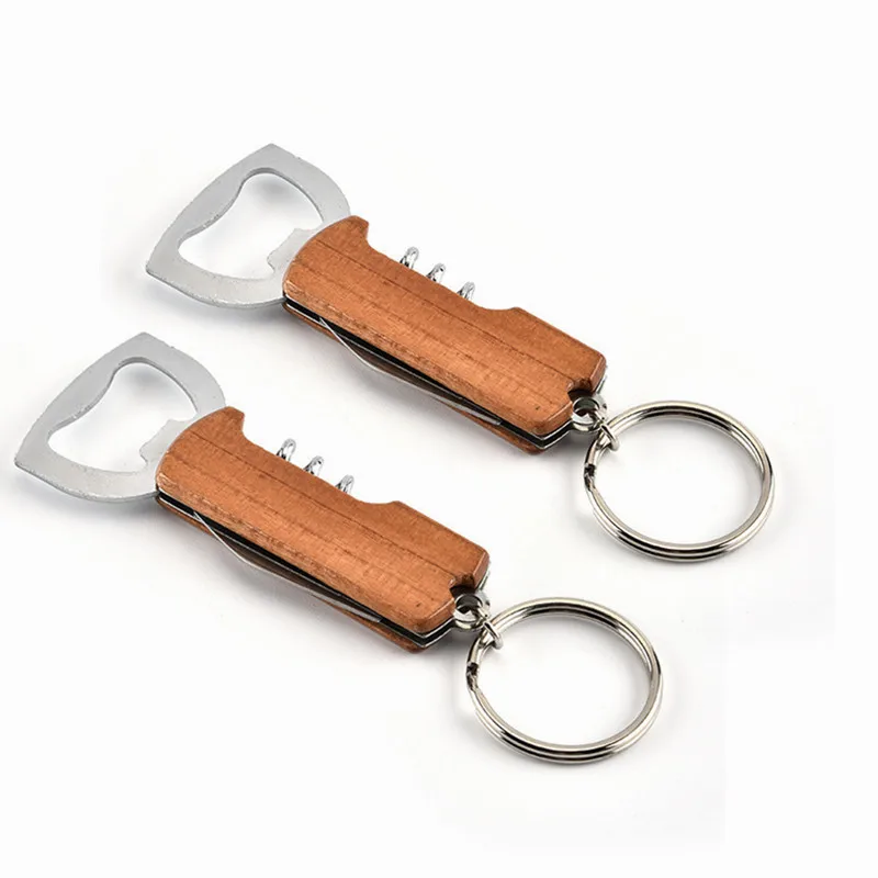 

100Pcs Creative Keychain Beer Bottle Opener Stainless Steel Multifunctional Wooden Handle Corkscrew Wine Opener Bar Party Tool