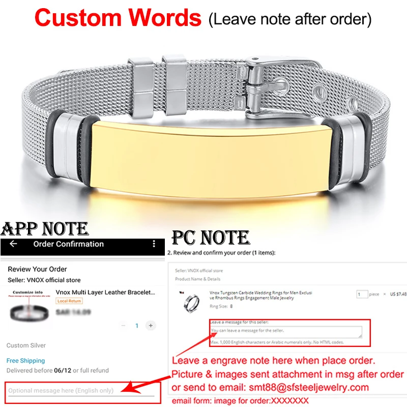 Vnox, мужские браслеты из нержавеющей стали, на заказ, с гравировкой, ID тег, длина подарка, регулируемая, с сеткой, наручные часы, ювелирные изделия - Окраска металла: SG Custom