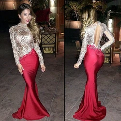 2018 New Arrival Vestido Full Sleeve High Neck Crystal Beading Open Back Mermaid Dubai Evening Mother of the Bride Dresses
