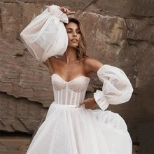 

HAMMAH 2022 Backless Removable Puff Sleeves Long A-line Beach Tulle Sweetheart Wedding Dress Formal Occasion Vestido De Novia