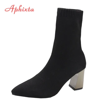 

Aphixta Metal Heels Stretch Fabric Socks Boots Women Black Elastic 7.5 Heel Pointed Toe Ankle Boots Shoes Woman Boats