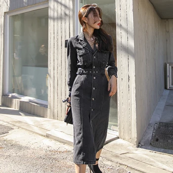 

Korean Style Autumn Spring Ladies Denim Dress with Sashes Single Breasted Slim High Waist Jeans Dresses Women Clothing TA2898