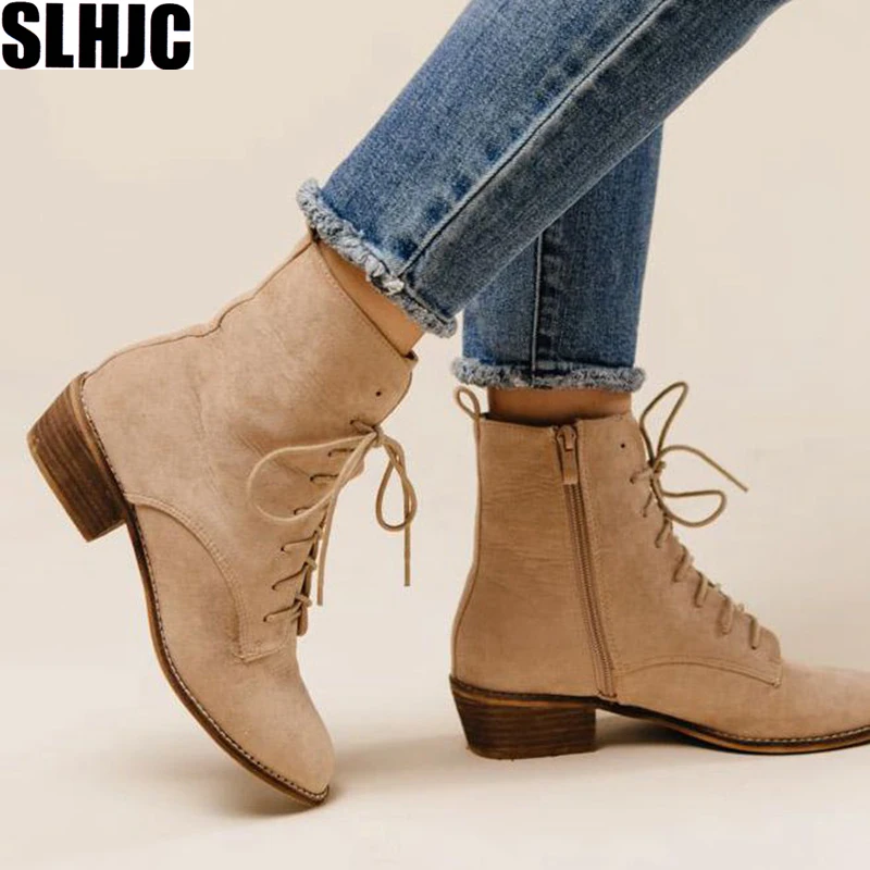 

SLHJC Med Chunky Heel Boots Retro Lace Up Pointed Toe Plus Size Women Short Ankle Boot Pumps Faux Suede Shoes