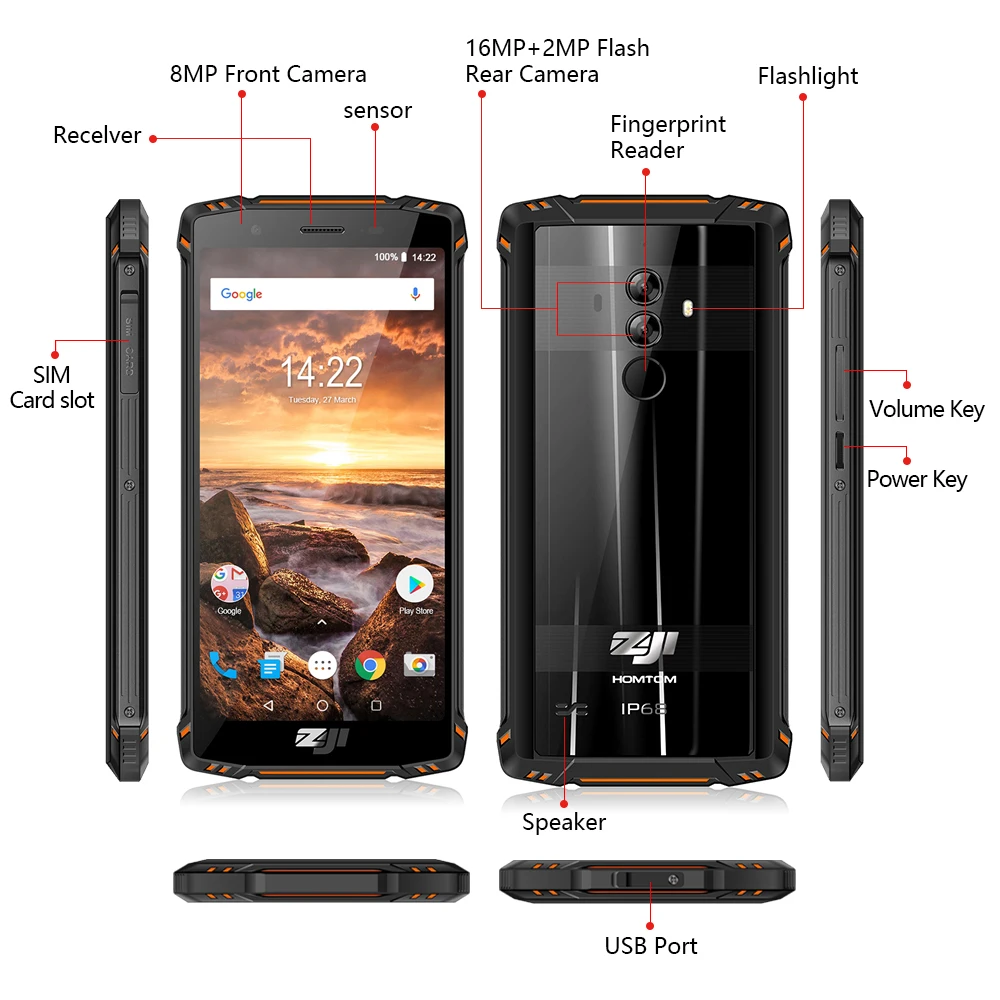  HOMTOM ZJI Z9 Helio P23 IP68 Waterproof 4G LTE Smartphone Octa Core 5.7 inch 6GB RAM 64GB ROM 5500m