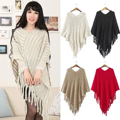 

Women's Knit Warm Batwing Cape Tassels Poncho Cloak Jacket Coat Winter Outwear HOT SALES 2020