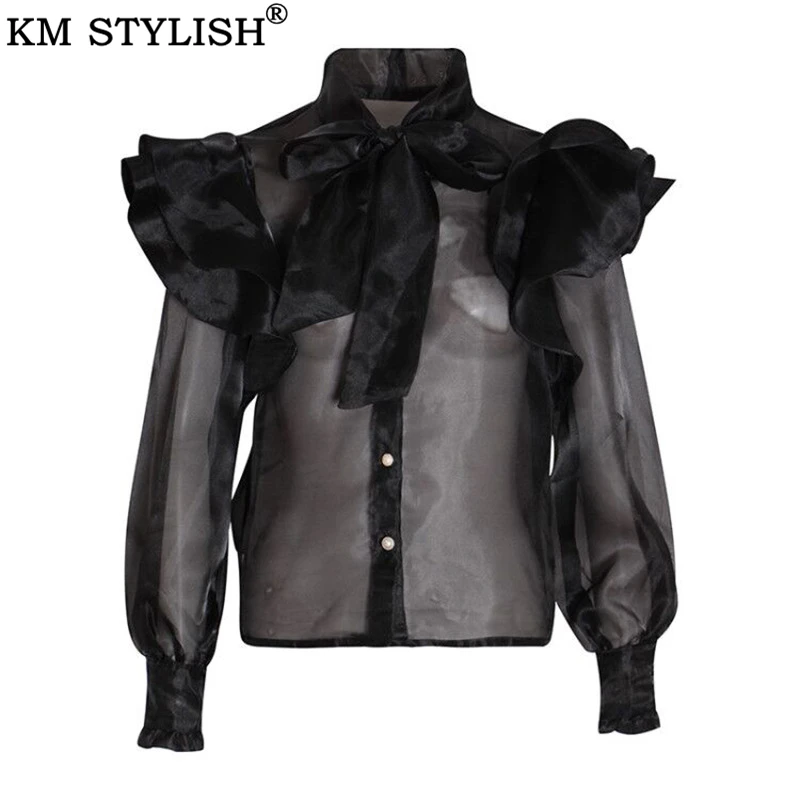 Женская блузка с оборками Длинная желтая из органзы привлекательный сетчатый