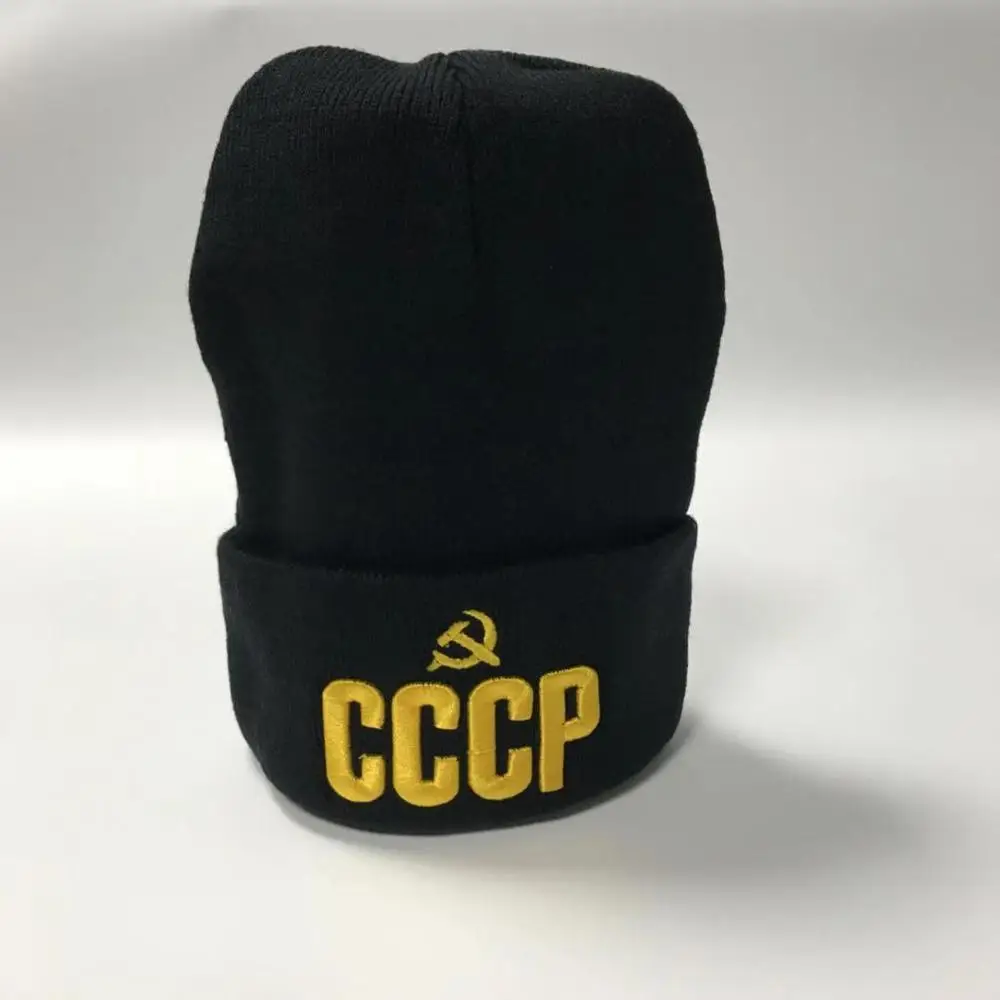 NXYY CCCP герб России коммунизма 3D вышивка шапки вязаная шапка СССР советские значки серп молоток Зима хип-хоп Skullies кепки s - Цвет: Black