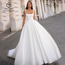 Swanskirt Shiny Lace Satin Trouwjurk 2021 Klassieke Vierkante Kraag Mouwloze A-lijn Prinses Vestido De Novia I302 Bruid Gown