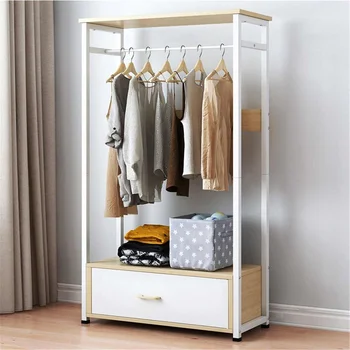 

Cloth Closet Classics Freestanding Wardrobes Storage-Cabinet Metal Wardrobe Garment Rack with Wood Shelves Open Wardrobe Closet