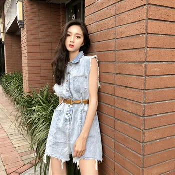 

Loose Rompers Women Vintage Sleeveless Denim Jumpsuit Overalls Frazzle Button Pocket Korean High Fashion Chic (Belt Included)