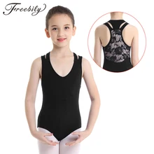 Детские балетные и гимнастические трико для девочек, без рукавов, с кружевом, с борцовкой сзади, хлопковый комбинезон, боди, костюмы, балетные трико