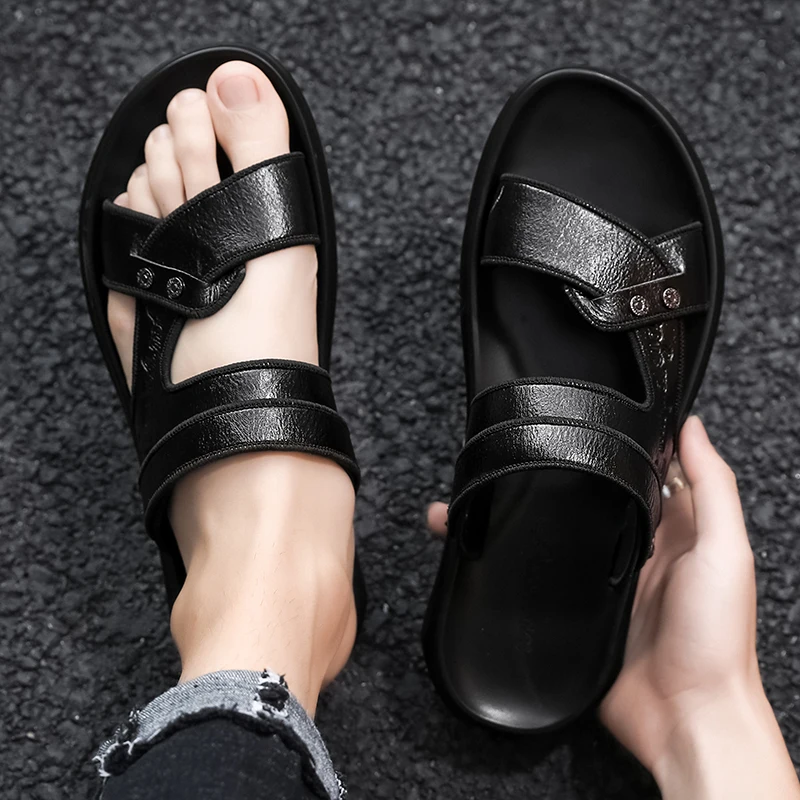 Popular Summer Beach Men Shoes Ankle-Wrap Mens Sandals Leather Black Brown Soft Slippers Man Slip on Sandals for Men Size 38-43