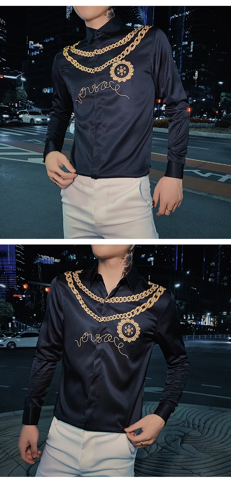 Gold Print Luxury Men Shirt Casual Slim Fit Long Sleeve Male Dress Shirts Club Work Vintage Tuxedo Shirt Camisa Social Masculina
