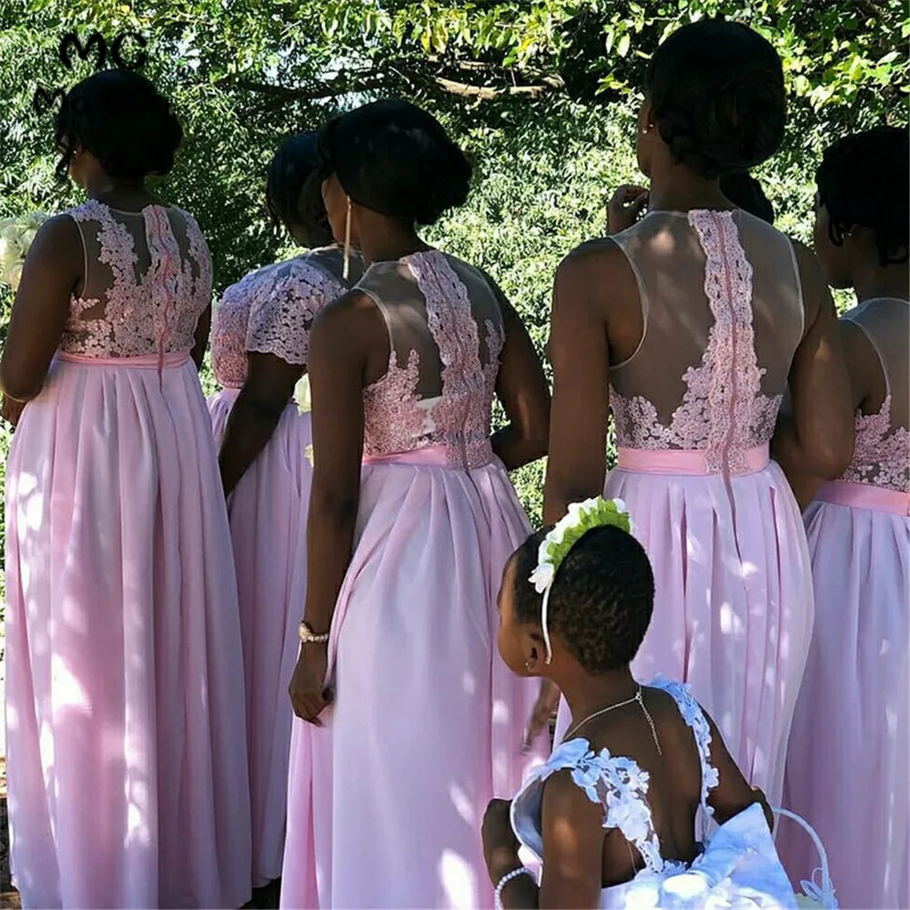 A-Line Round Neck Pink Chiffon Bridesmaid Dress with Appliques (1)