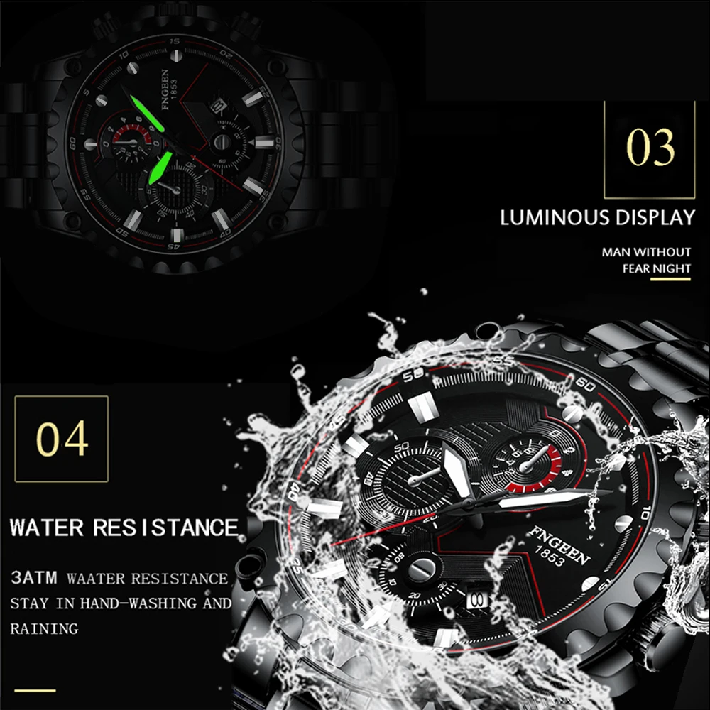 FNGEEN 2020 Top Brand Sport Luminous Watches Stainless Steel Fashion Luxury Waterproof Quartz Watch For Men Relojes Wristwatches