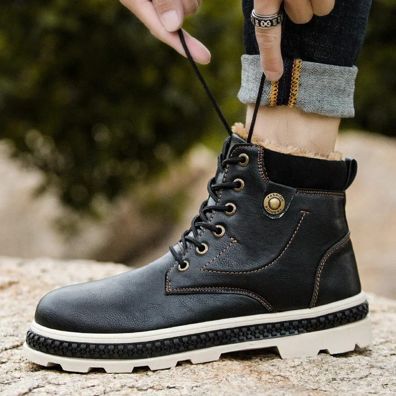 

Men Boots Sneakers 2019 Fashion Pu Leather Winter Boots men Velvet Casual Shoes Snow Boots Lace Up Comfort Work Shoes Men Plus
