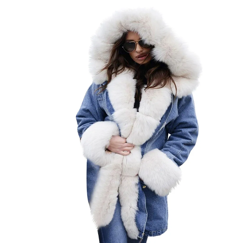 Женская флисовая зимняя джинсовая куртка пуховое пальто с капюшоном пальто рыбий хвост с длинными рукавами меховое пальто Кепка хлопковая верхняя одежда парки