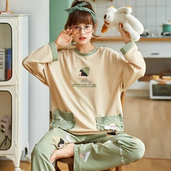 

Round neck Pyjamas Women Sleepwear Pajamas Cute Full Set HomeWear Cotton Female Long Sleeve Autumn Pijamas Mujer Leisure