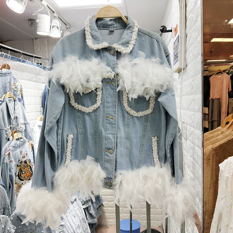 autumn new Korean version of the loose fashion three-dimensional craft beaded feather denim jacket female