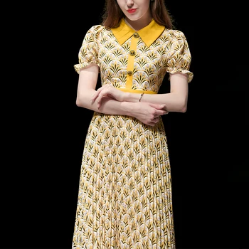 

Seifermann Summer Boho Fashion Runway Designer pleated Dress Women Puff Sleeve Button Diamonds Grass Print Ladies Midi Dress