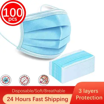 

100 pcs Disposable Face Mouth Mask Nonwoven Fabrics 3 Layer Earloop Anti-Dust One time Face Masks Dustproof Safe Protective Mask
