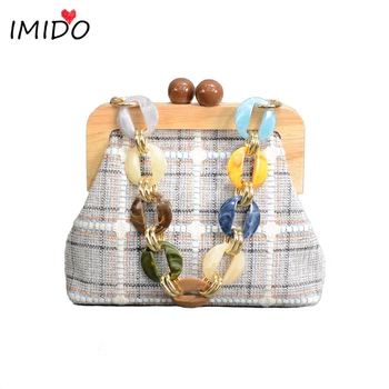 

bolsa de hombro Acrylic Handle Handbag Chain Shoulder Bag Canvas Stripe Wooden Clip Crossbody Messenger Bags For Women